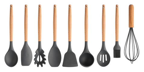 A set of kitchen utensils with a wooden handle on a transparent background. isolated object....
