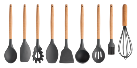 A set of kitchen utensils with a wooden handle on a transparent background. isolated object. Element for design
