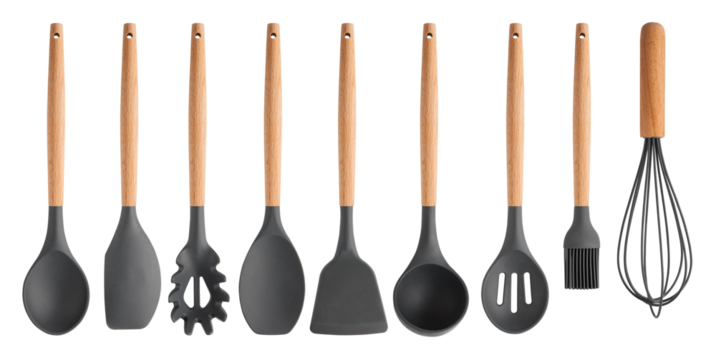 A set of kitchen utensils with a wooden handle on a transparent background. isolated object. Element for design