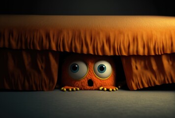 Fototapeta cute orange monster who prying under a bed,generative ai obraz
