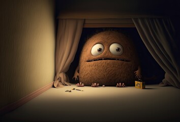 Fototapeta cute brown monster who prying under a bed,generative ai obraz