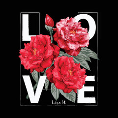 Love you with bouqurt Red rose flowers on isolated black background.Vector illustration hand drawing dry watercolor style.For used t-shirt design