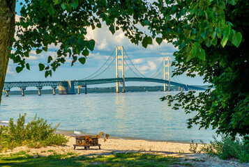 Mackinac Bridge Framed by trees in Mackinac City Park Beach