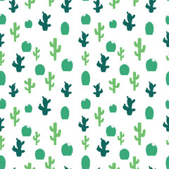 Seamless pattern with green cactuses on the white background.