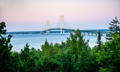 Mackinac Bridge at sunrise dawn eastside Lake Huron