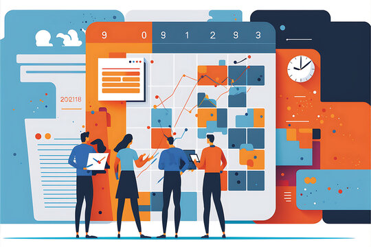 Flat vector illustration design Business planning concept and Business people team working with digital online calendar blue, orange, white background




