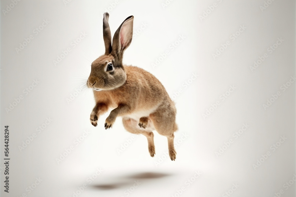 Poster white rabbit jump on white background, full body with free space, Made by AI,Artificial intelligence