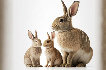 family rabbit on white background, full body with free space, Made by AI,Artificial intelligence