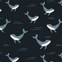 Seamless whale pattern with waves on the dark background.