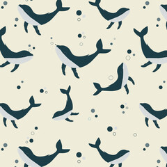 Seamless pattern with whales and bubbles on the light background. Seamless whale pattern.
