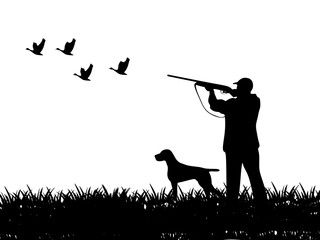 Hunter with dog hunting animals in the forest. Black silhouette Hunter. Vector