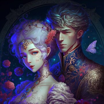 portrait of a beautiful princess and handsome prince in fantasy world, vampire, werewolf, astral magic, realistic