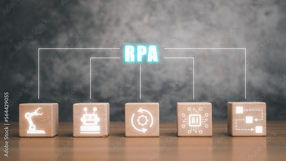 Poster rpa robotic process automation innovation technology concept, wooden cube block with vr screen rpa i