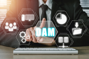 DAM, Digital Asset Management Organization Concept, Person hand touching Digital Asset Management...
