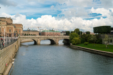 Obraz premium Norrbro bridge by the swedish parliament riksdag, Stockholm, Sweden