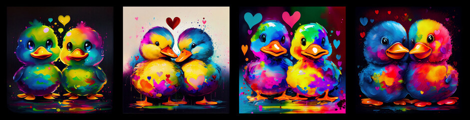 Set of couple of adorable ducks. AI generative.