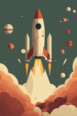 Fototapeta premium Space ship Rocket launch in the sky flying over clouds vector illustration