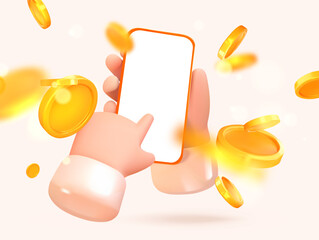 Mobile in hands with a finger pointing at the screen, coins flying around. Win or income. 3d style, realism. Vector illustration