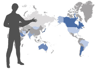 世界地図とプレゼンをしている男性会社員のシルエットのイラスト