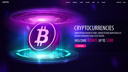 Banner for website with offer and 3D coin of Bitcoin in blue and pink hologram of digital rings in dark room