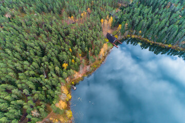 Aerial view of Viitna Lake in Autumn from above in Lahemaa national park, Estonia