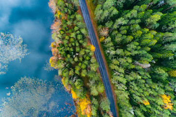 Aerial view of Viitna Lake in Autumn from above in Lahemaa national park, Estonia