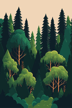 landscape green forest, pine trees in wilderness of a national park vector illustration