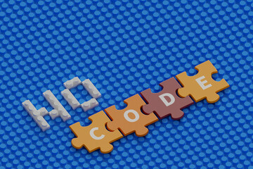 puzzle piece and block forming the word no code, 3d rendering