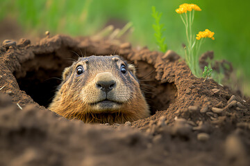 Groundhog Peeking out of Burrow Hole, Groundhog Day Concept, Social Media Banner, Generative AI