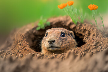 Groundhog Peeking out of Burrow Hole, Groundhog Day Concept, Social Media Banner, Generative AI