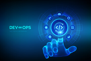 Devops. Agile development and optimisation concept on virtual screen. Software engineering. Software development practices methodology. Wireframe hand touching digital interface. Vector illustration.