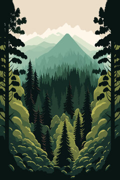 landscape green forest, pine trees in wilderness of a national park vector illustration
