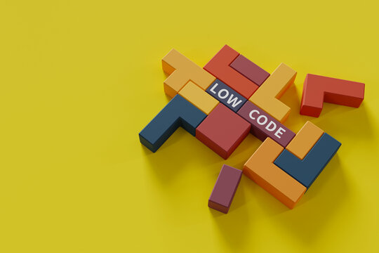 group of colorful puzzle cubes forming the word low code, 3d rendering