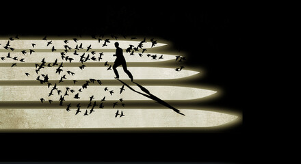 A silhouetted man runs through shadows cast upon a European public plaza as pigeons scatter and fly away in a 3-d illustration...