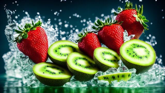strawberries and kiwi in water splash with ice cubes. with Generative AI