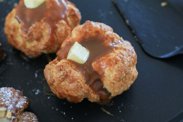 Scone with caramel on top. Fresh yummy tasty delicious Traditional British bakery for tea time.