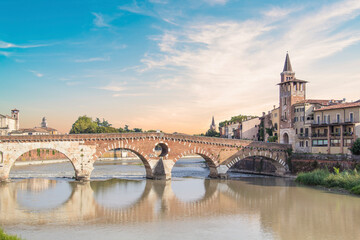 Beautiful view of the Church of San Giorgio on the Adige River in Verona, Italy - obrazy, fototapety, plakaty