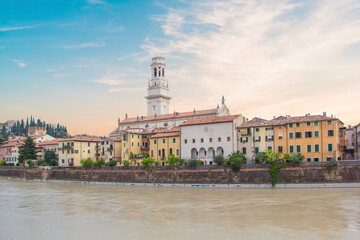 Beautiful view of the Church of San Giorgio on the Adige River in Verona, Italy