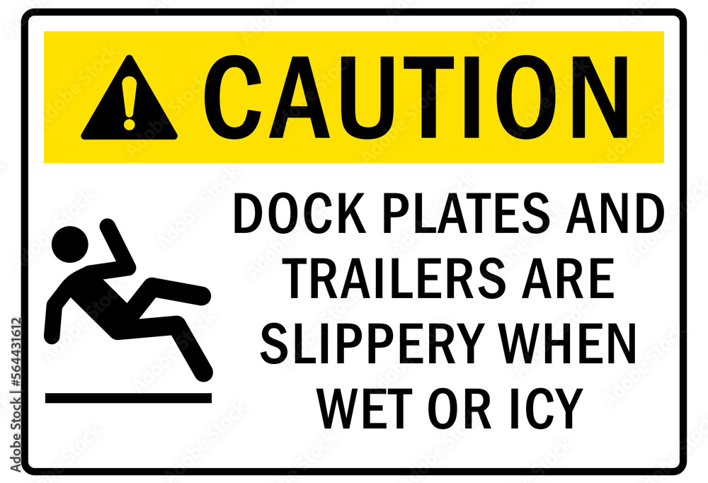 Wall mural ice warning sign and labels dock plate and trailer are slippery when wet