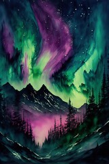 Fototapeta premium Watercolor Painting View of the Northern Lights - the Aurora Borealis - Over Mountain Peaks, a Generative AI Digital Illustration 