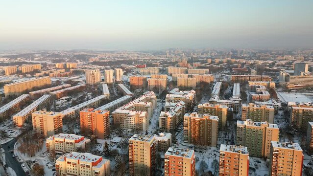 Aerial view of sleeping area in Krakow during winter. 