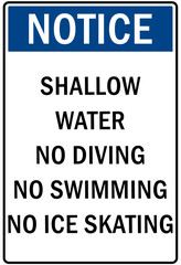 Ice warning sign and labels shallow water no diving no swimming no ice skating