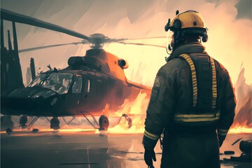 Firefighter with a helicopter in the background, waiting for his boarding. Generative AI.