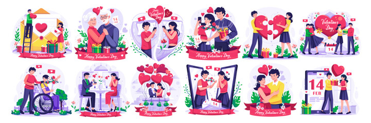 Obraz na płótnie Canvas Valentine's Day Illustration Set with a romantic couple celebrating valentine's day. Online dating and virtual relationships. Vector Illustration in Flat Style