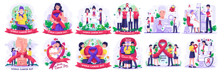 Obraz na płótnie Canvas World Cancer Day Illustration Set with People, Doctors, nurses, and Cancer Patient celebrate world cancer day. Vector Illustration in Flat Style
