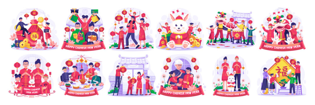 Chinese New Year Illustration Set with Asian Family is having a reunion dinner, Children playing with a Chinese dancing lion. Vector Illustration in Flat Style