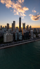 Beautiful downtown Chicago skyline aerial drone photograph during the Chicago henge or autumn...
