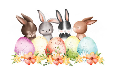 Watercolor Illustration Easter rabbits and eggs