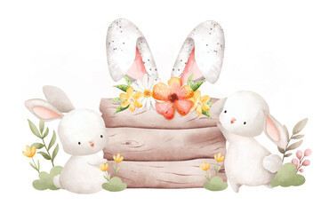 Watercolor Illustration Easter rabbits and wooden board