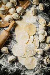 Raw homemade dumplings with a rolling pin on the table. 
